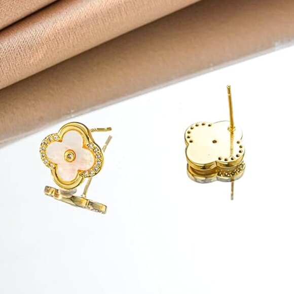 Women's Gold Plated 925 Silver Post Clover Shaped Dainty CZ Stud Earrings - Picture 4 of 5